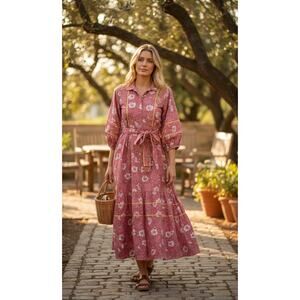 Sue Sartor Paloma Flounce Dress Midi Dress‎ Pink Floral Size Small